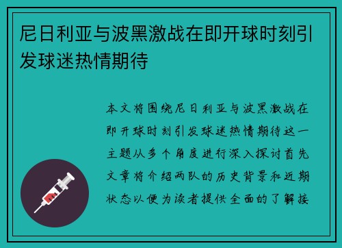 尼日利亚与波黑激战在即开球时刻引发球迷热情期待